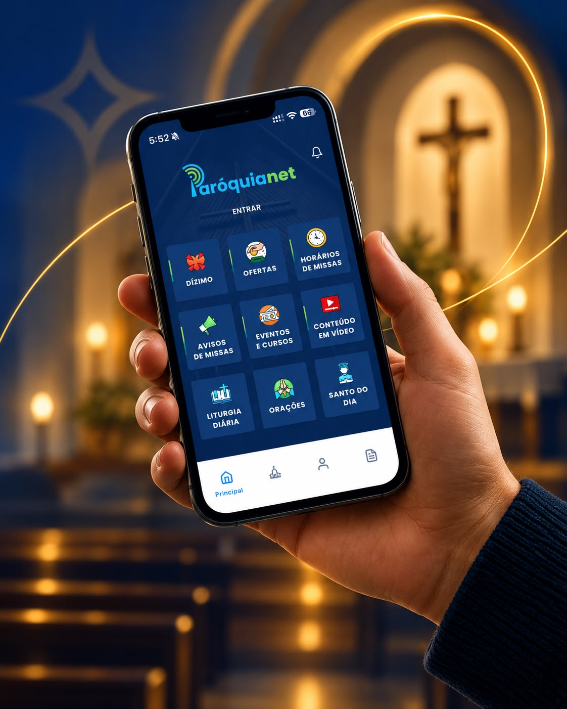 Celular com o aplicativo ParóquiaNet em destaque